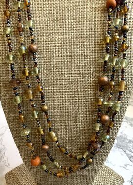 Vtg Art Glass Multi Strand Bead Necklace Multi Color Earth Tones Hook Close 18"